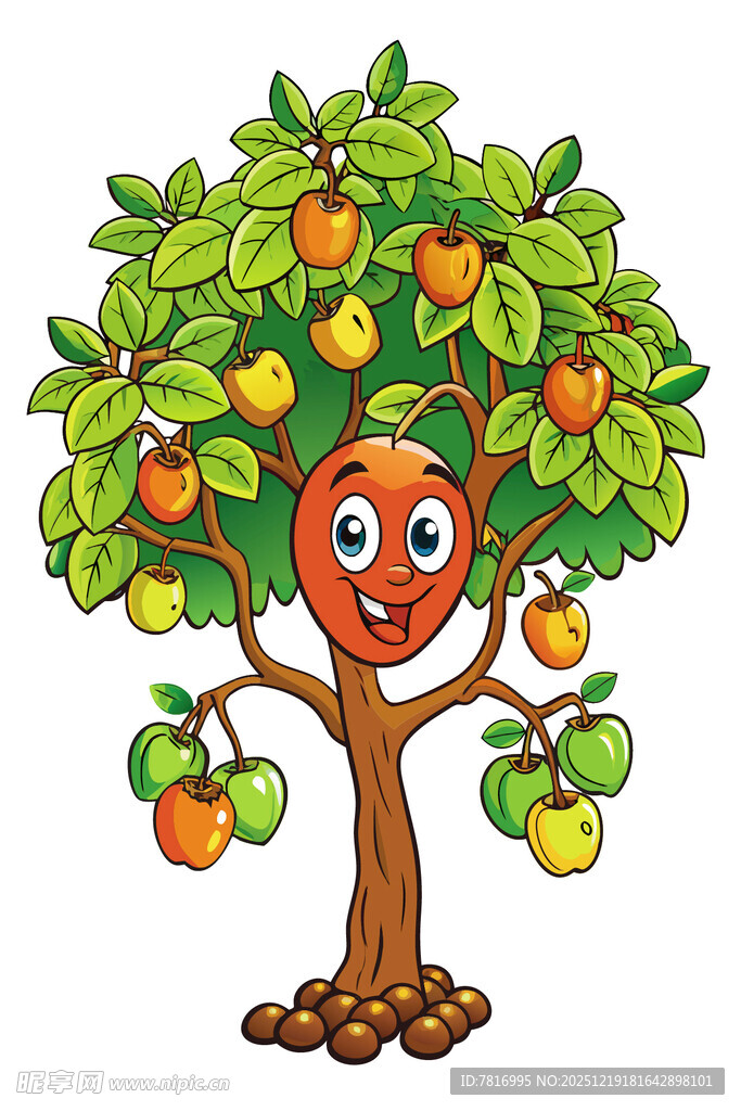 可爱笑脸苹果树插画