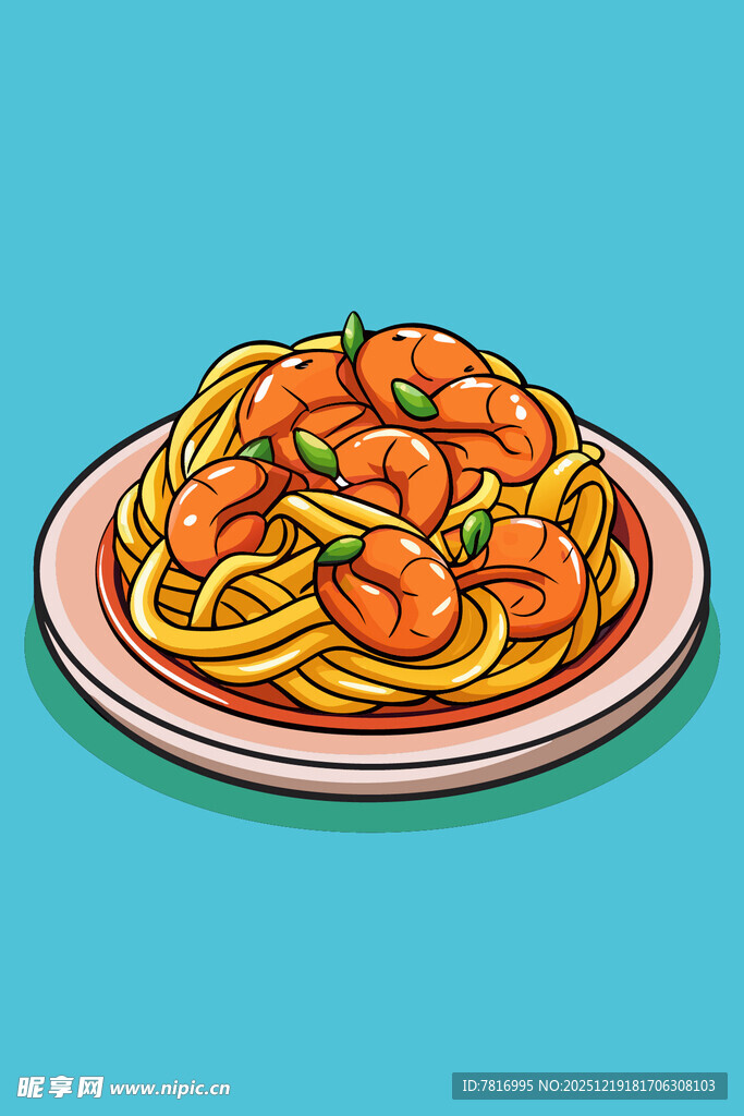 虾仁意面美食插画