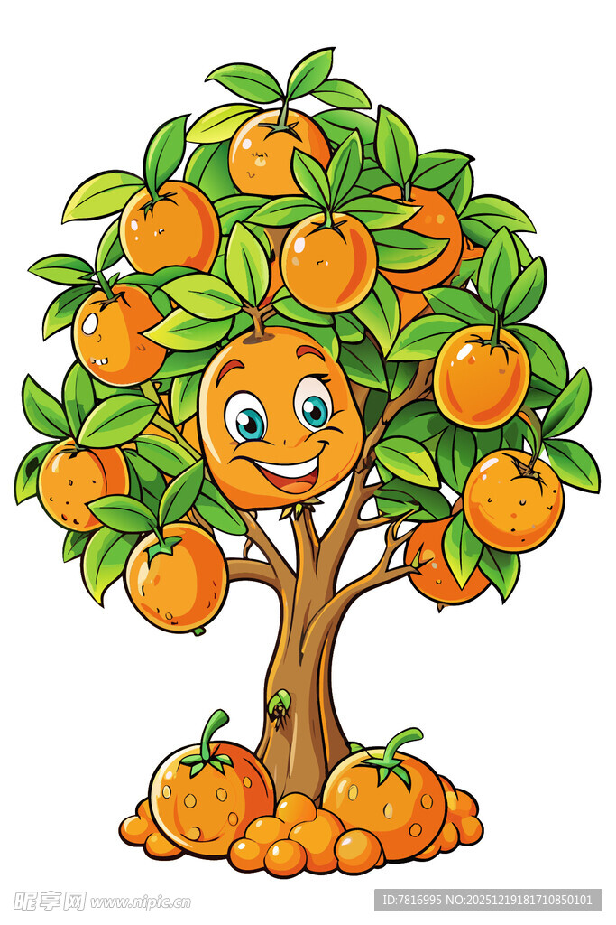 可爱拟人化橘子树插画