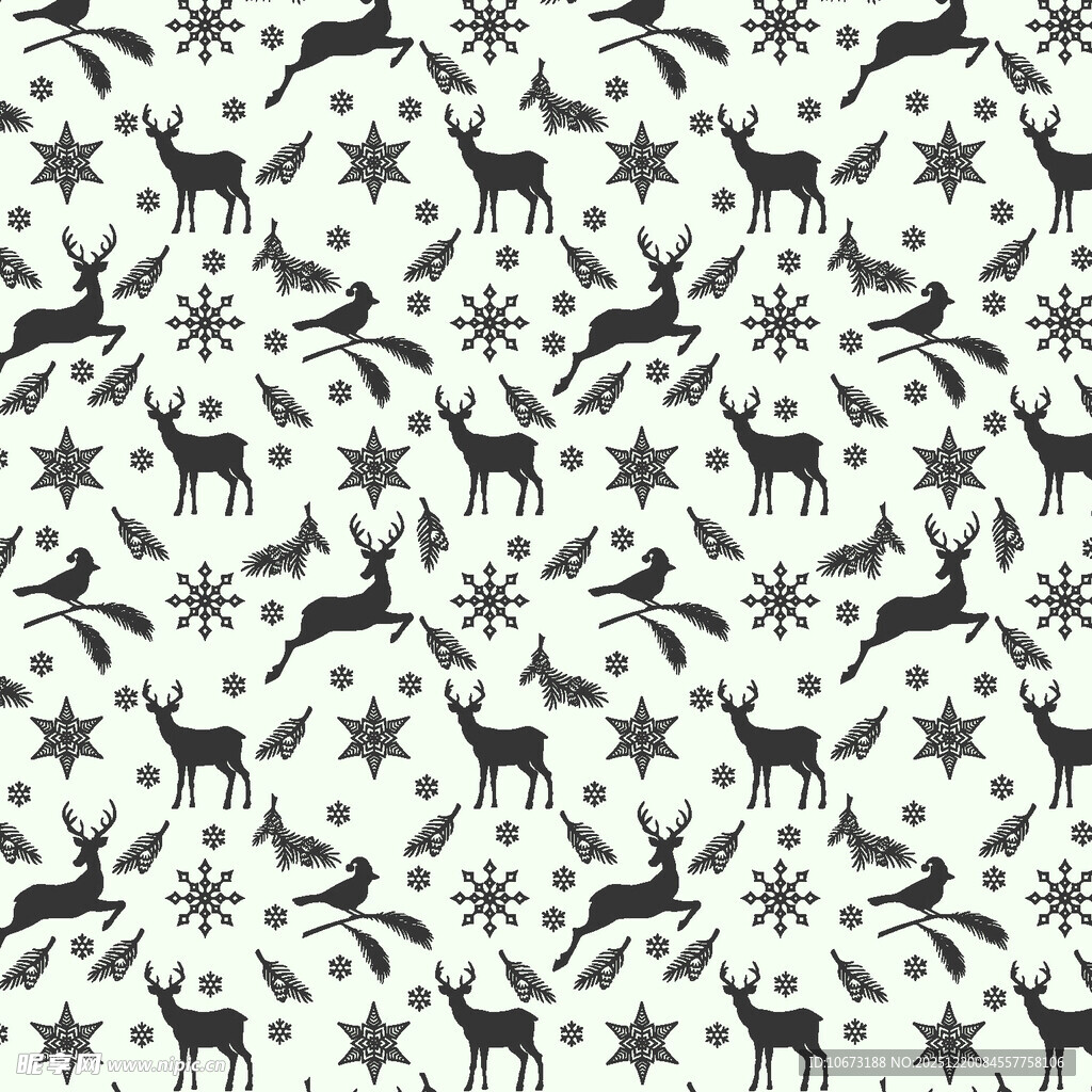 黑白鹿与雪花图案背景