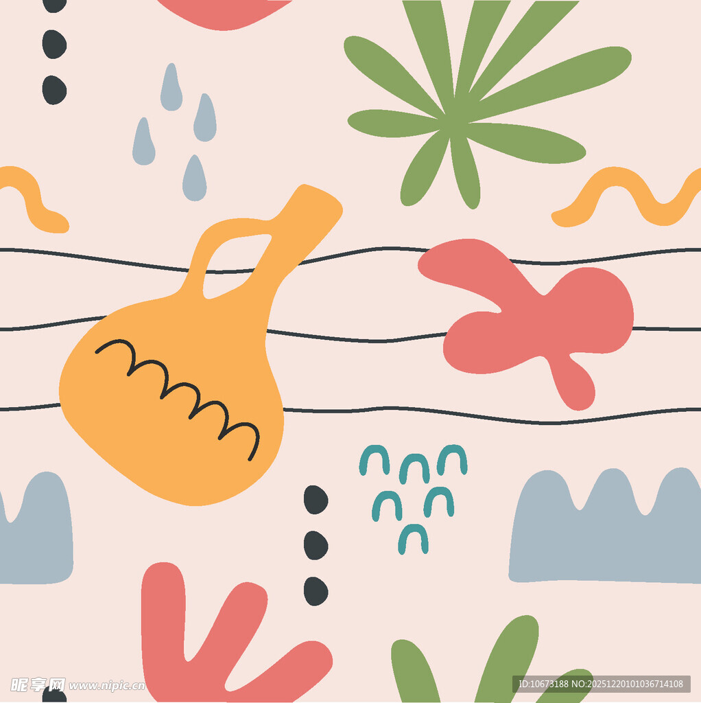 手绘清新植物浇水壶图案