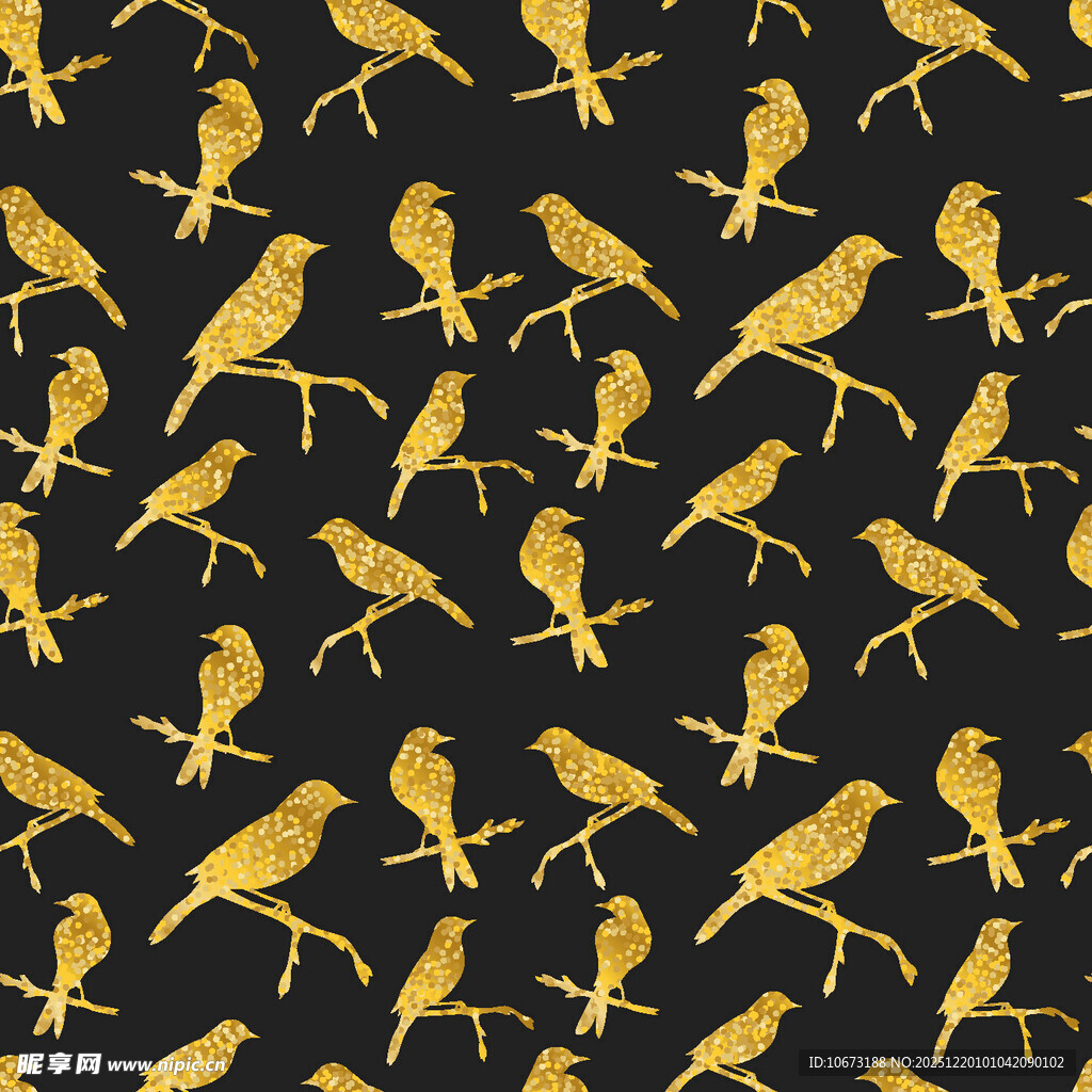 金色小鸟黑色背景无缝图案