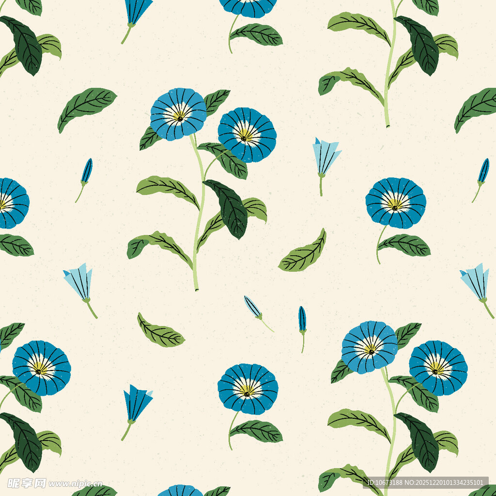 蓝花绿叶简约花卉图案