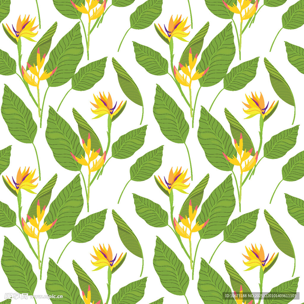 黄色花卉绿叶无缝图案