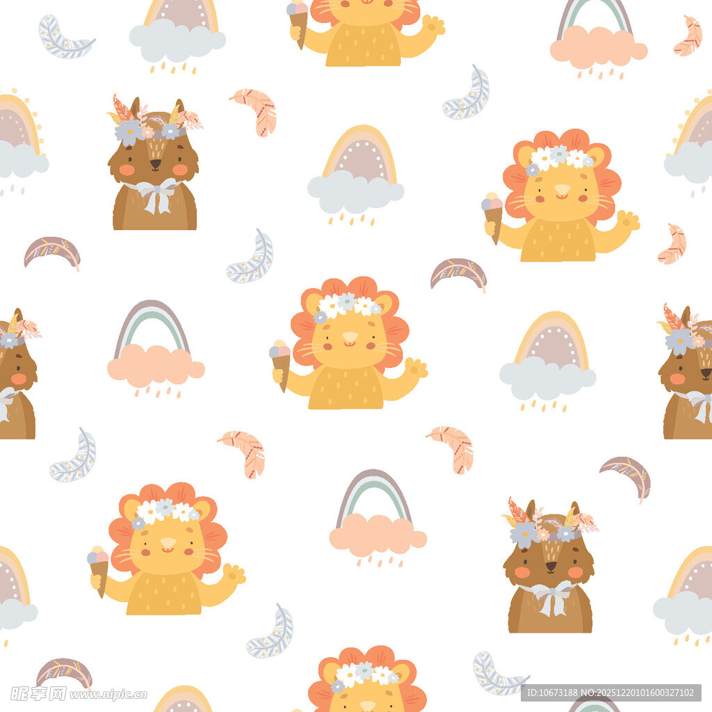 可爱动物与云朵彩虹图案