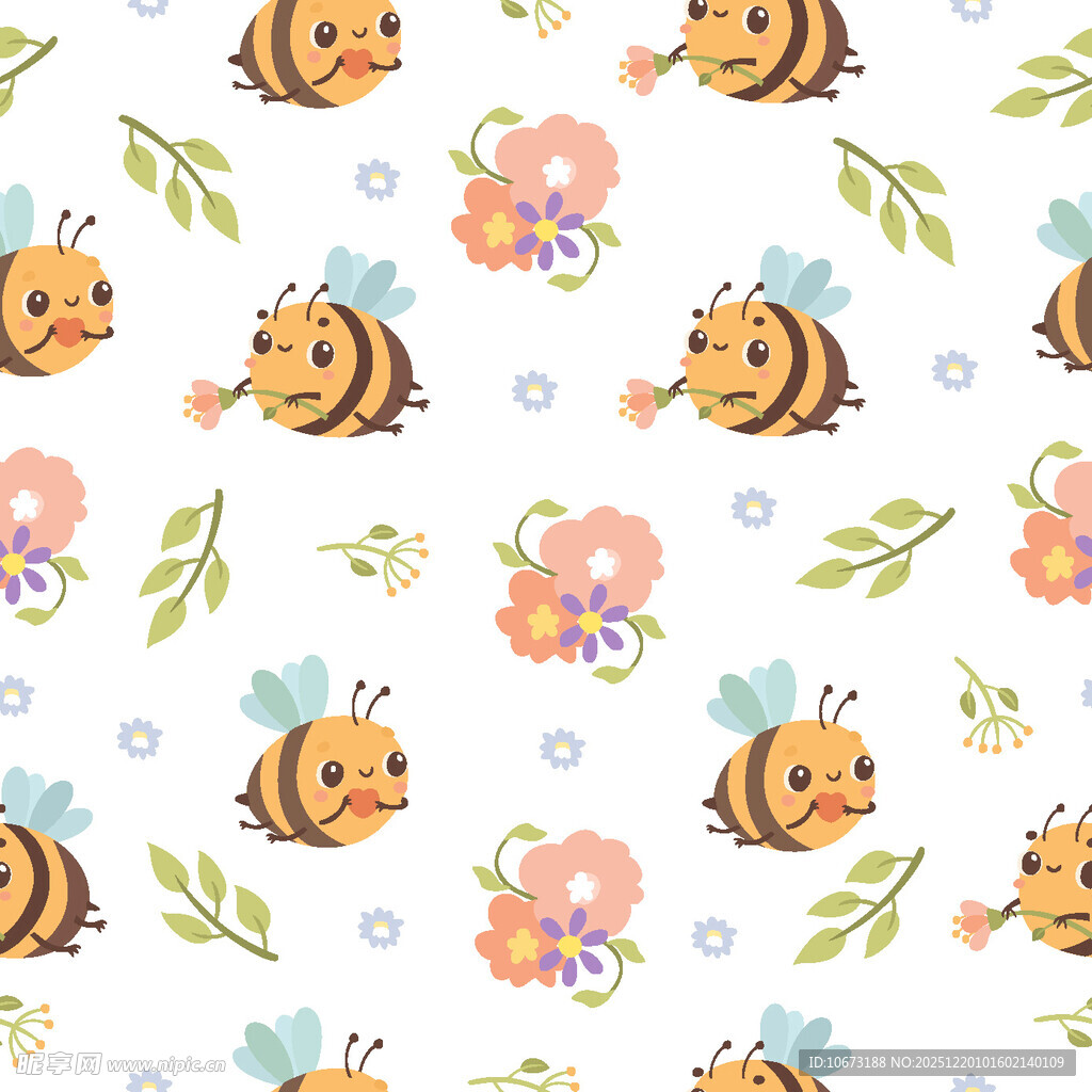 可爱蜜蜂花卉无缝图案