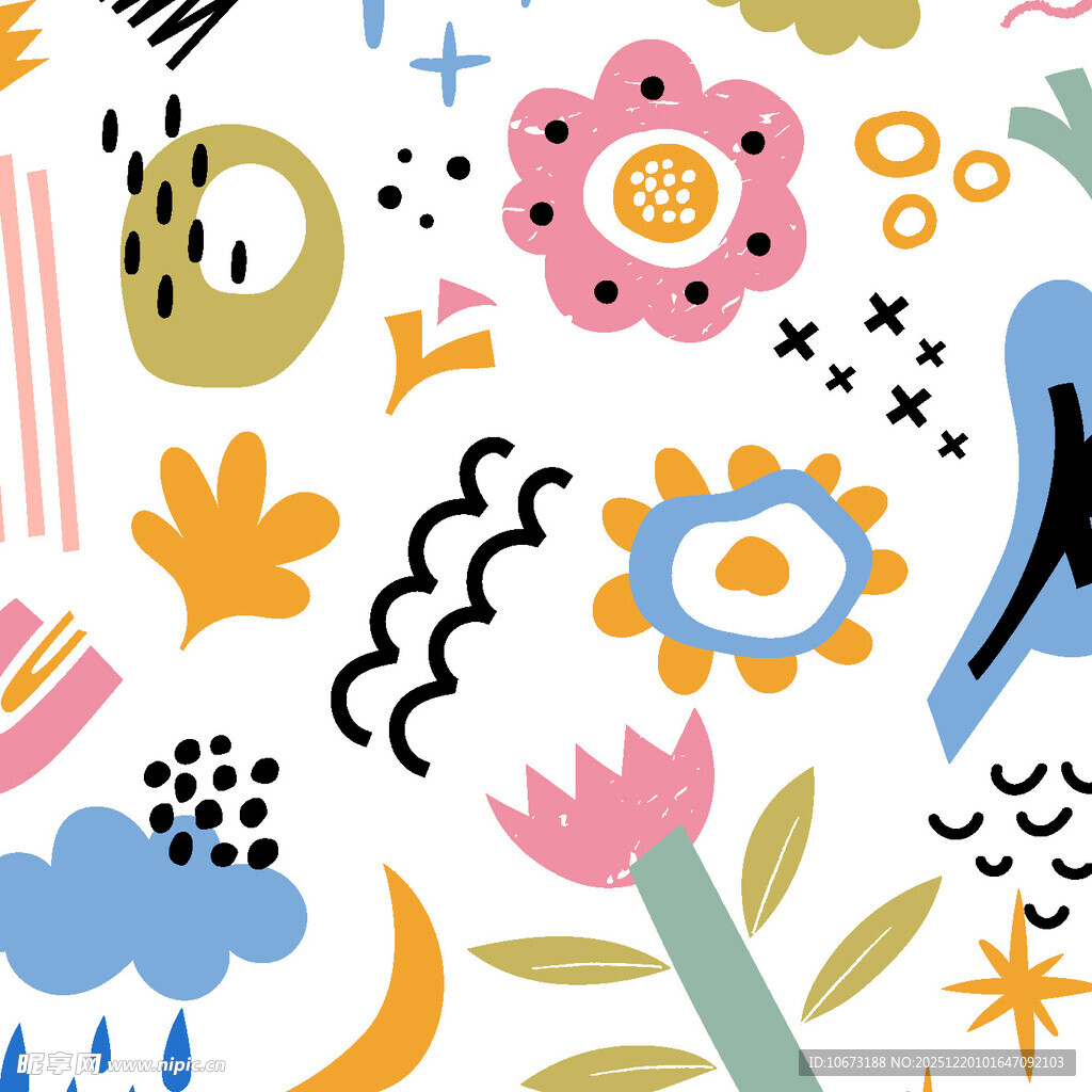 多彩手绘风卡通花卉图案