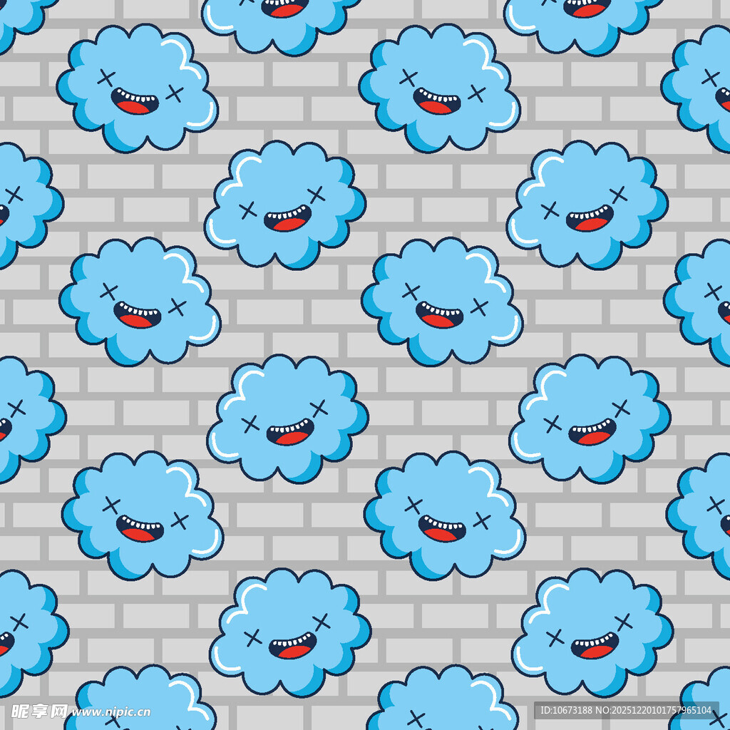 蓝色笑脸云朵砖墙图案