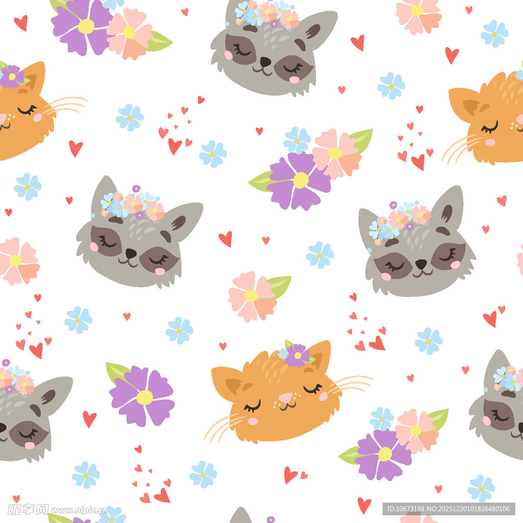 可爱猫咪花卉无缝图案