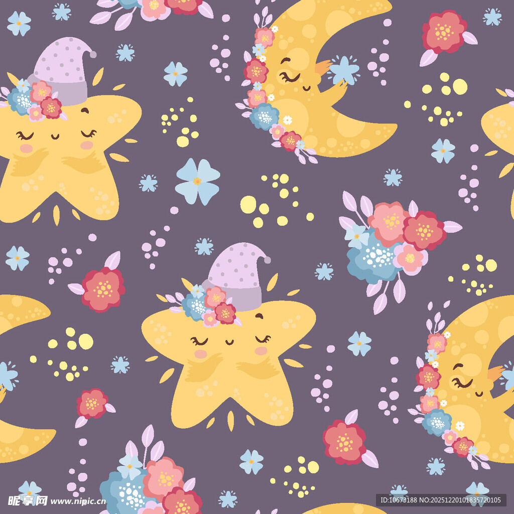 梦幻星月花卉卡通图案