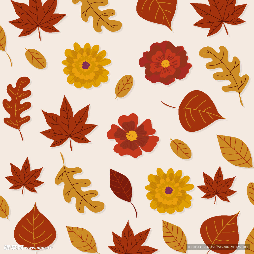 秋季花卉树叶无缝图案