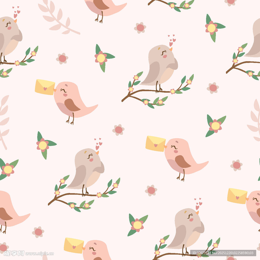 小鸟花卉图案的可爱背景