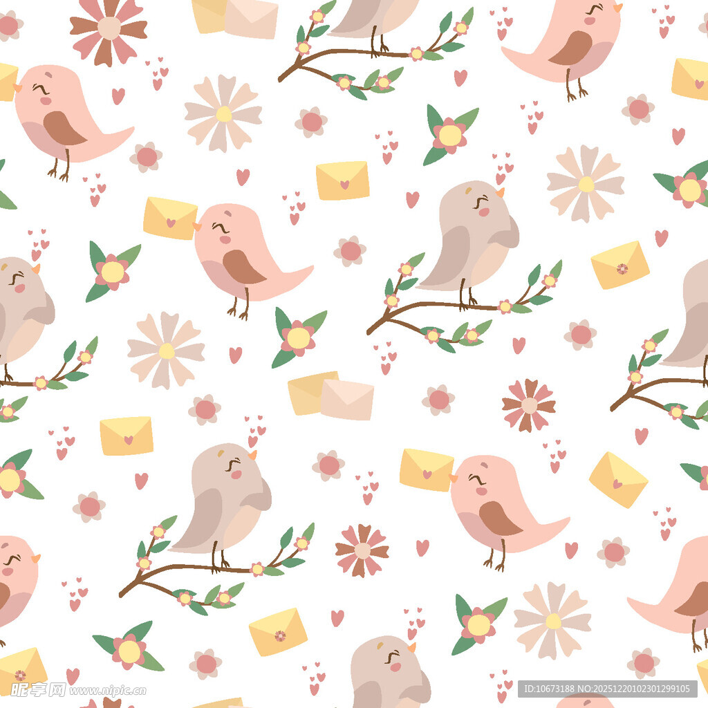 小鸟花卉图案无缝背景图