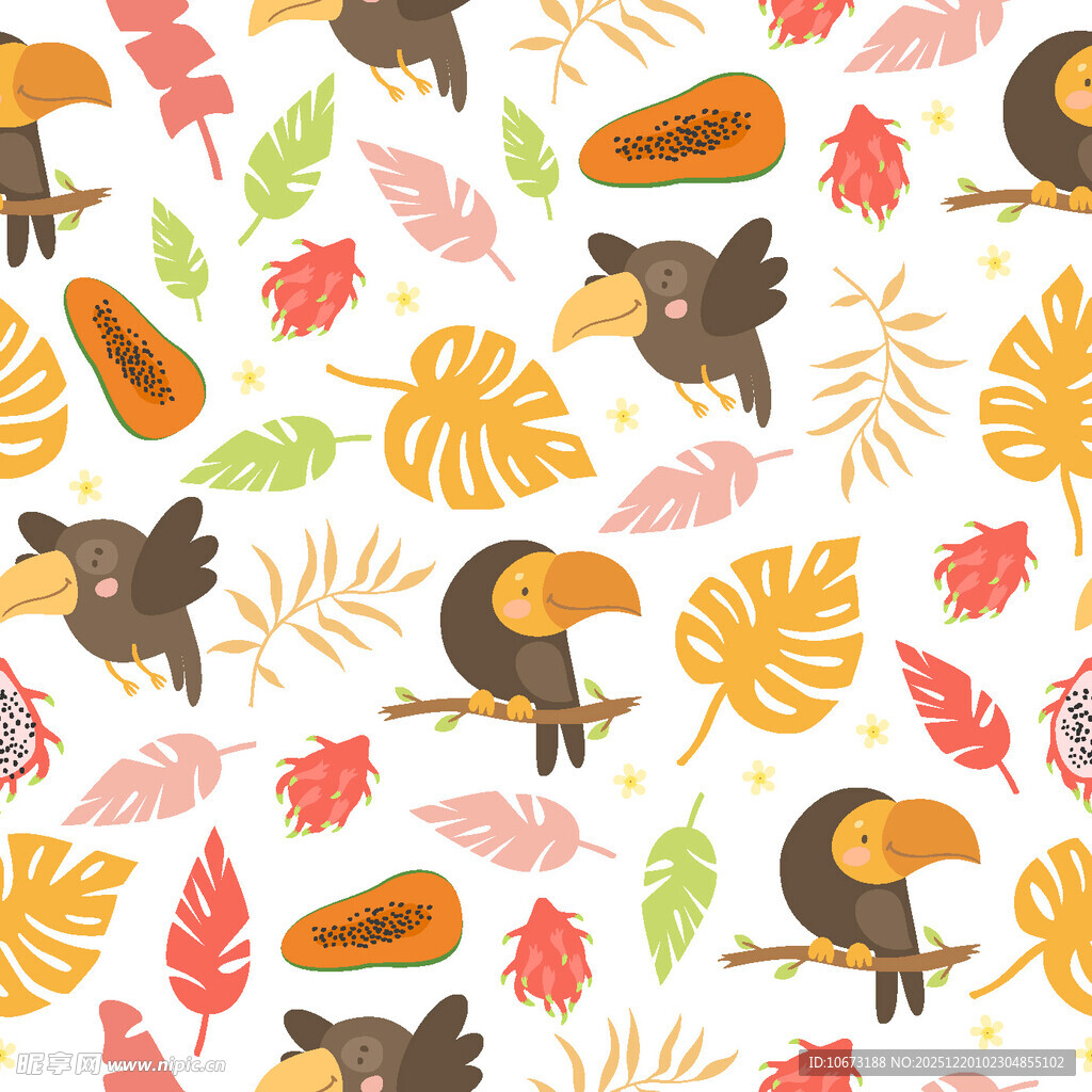 热带巨嘴鸟与多彩树叶图案