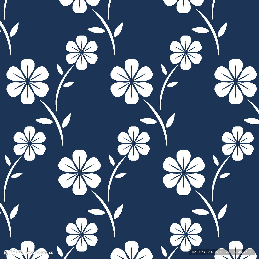 蓝底白花简约花卉图案