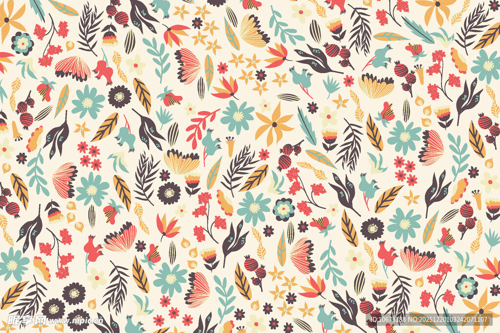 花卉鸟类图案的多彩背景