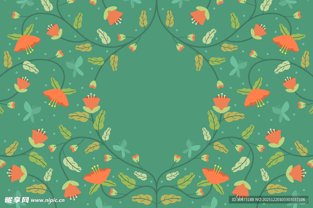 绿叶红花环绕的清新背景