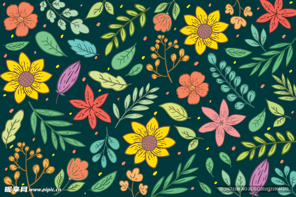 多彩花卉绿叶图案背景