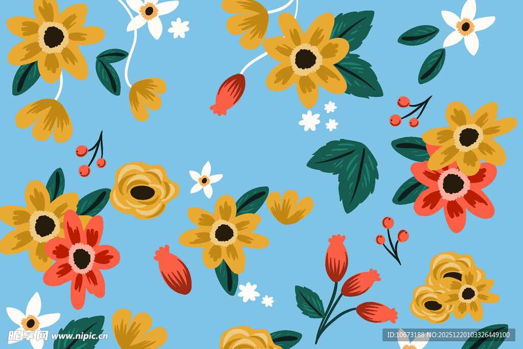 蓝色背景多彩花卉图案