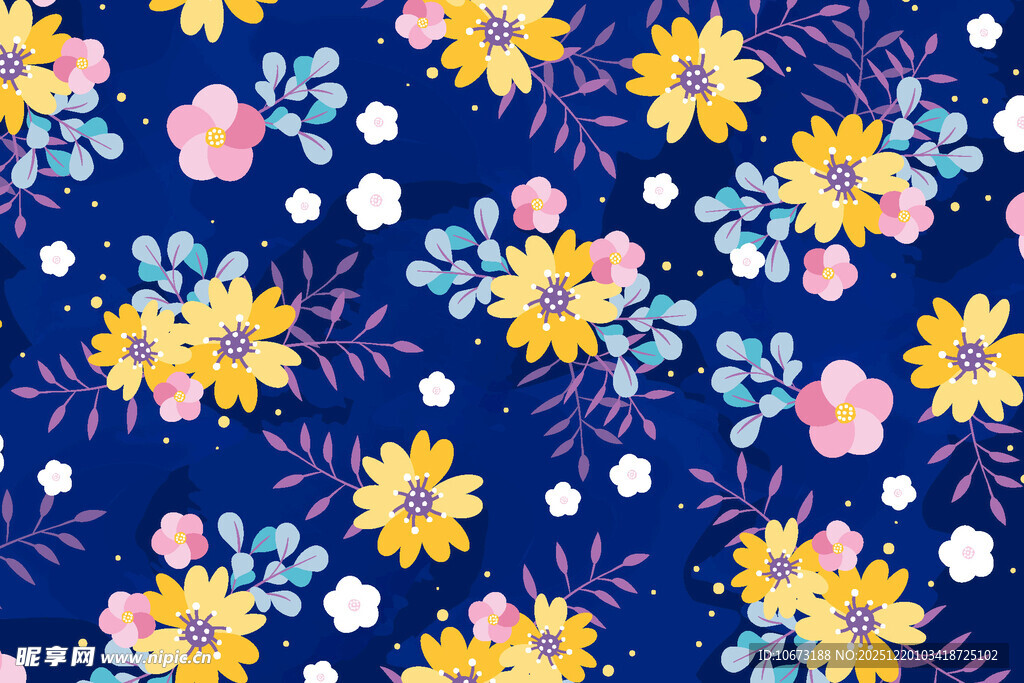 蓝色底小碎花花卉图案