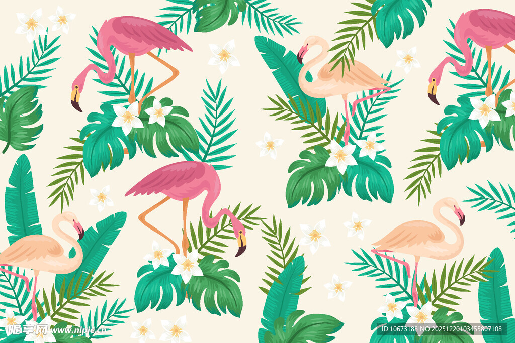 火烈鸟与热带植物图案