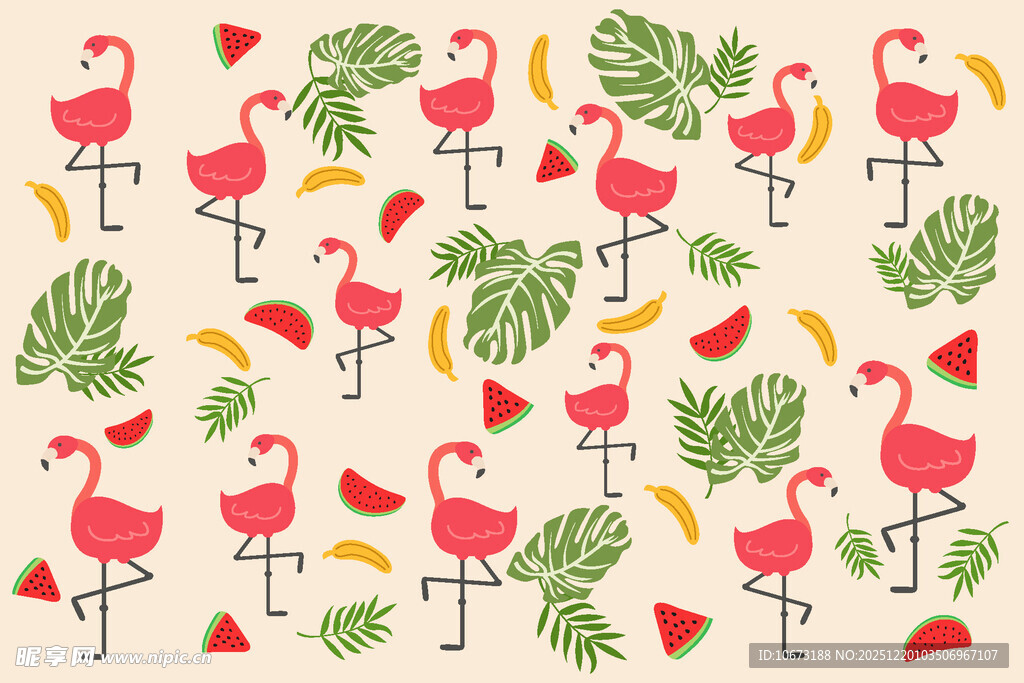 火烈鸟与热带植物图案背景