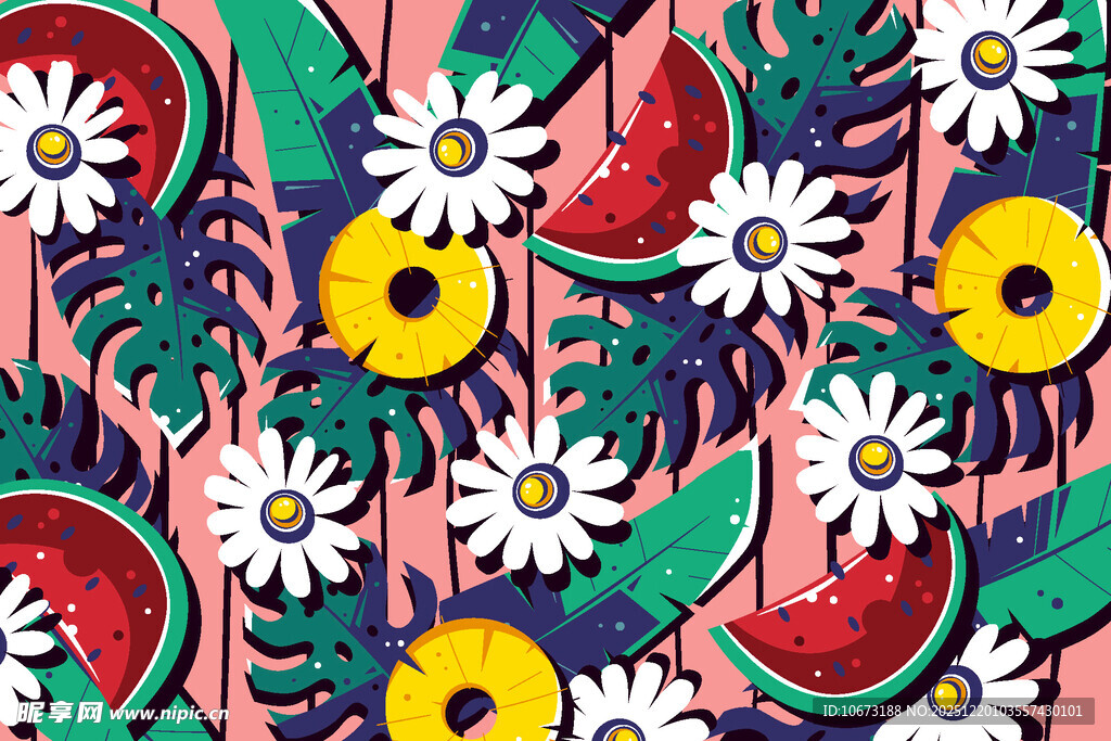 夏日花卉西瓜图案设计