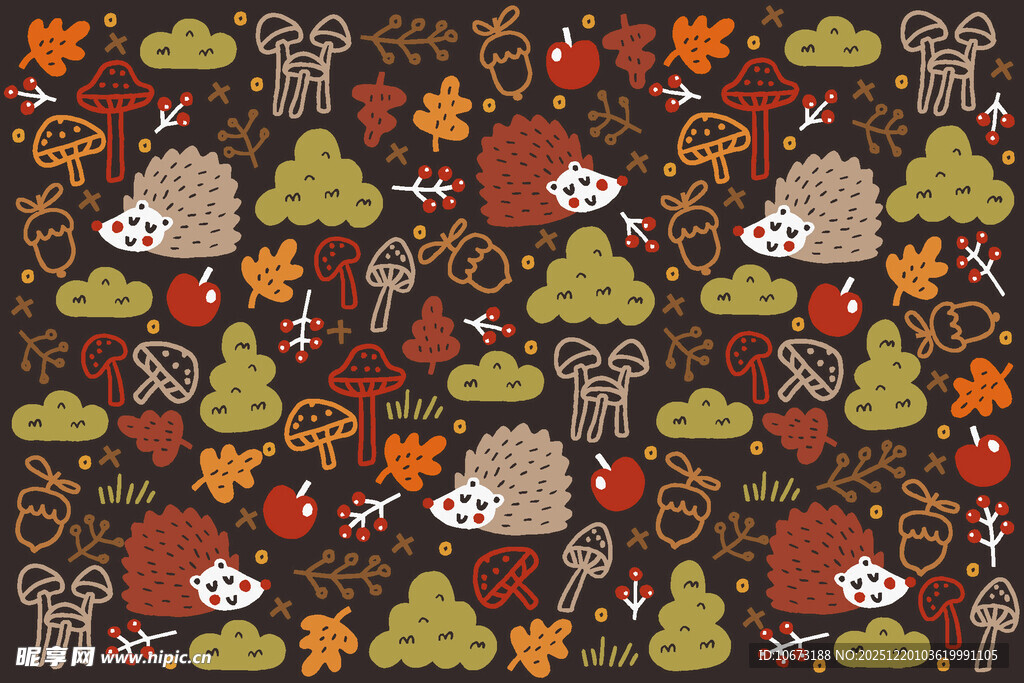 秋日刺猬森林无缝装饰图案