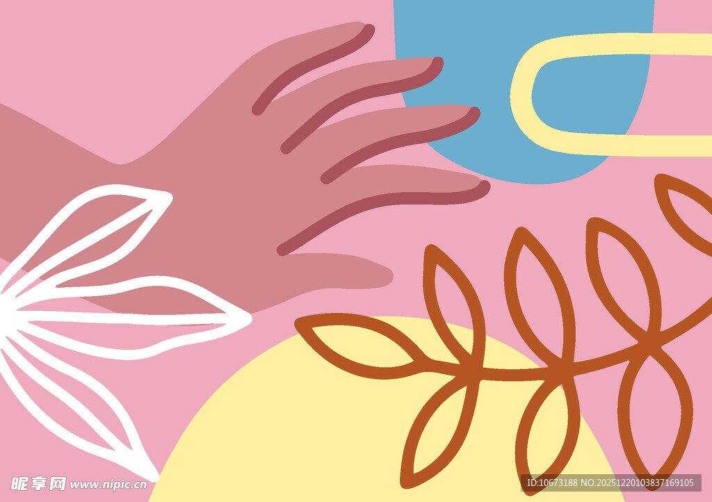 手绘抽象手与植物图案