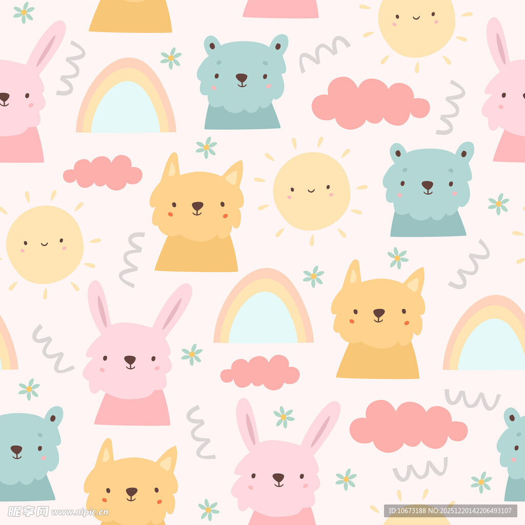可爱动物与彩虹图案背景