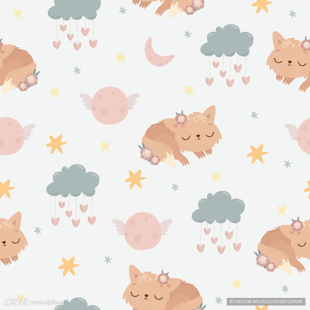 可爱动物与星月云朵图案