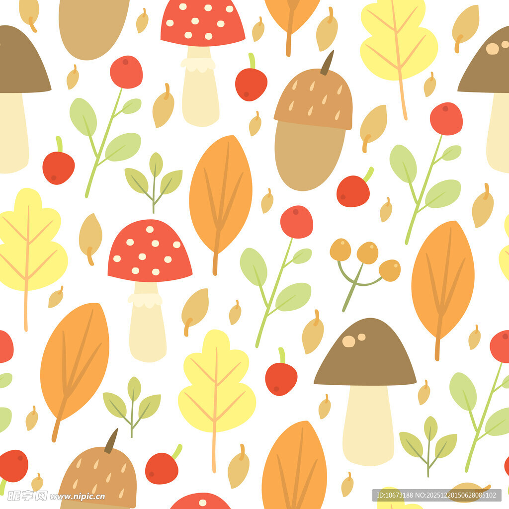 秋季蘑菇树叶无缝图案