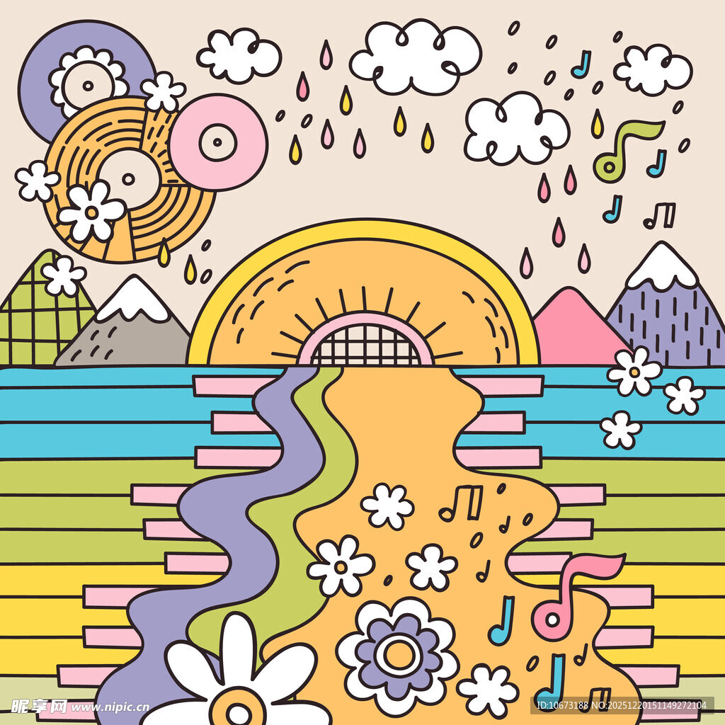 梦幻卡通风格的多彩风景