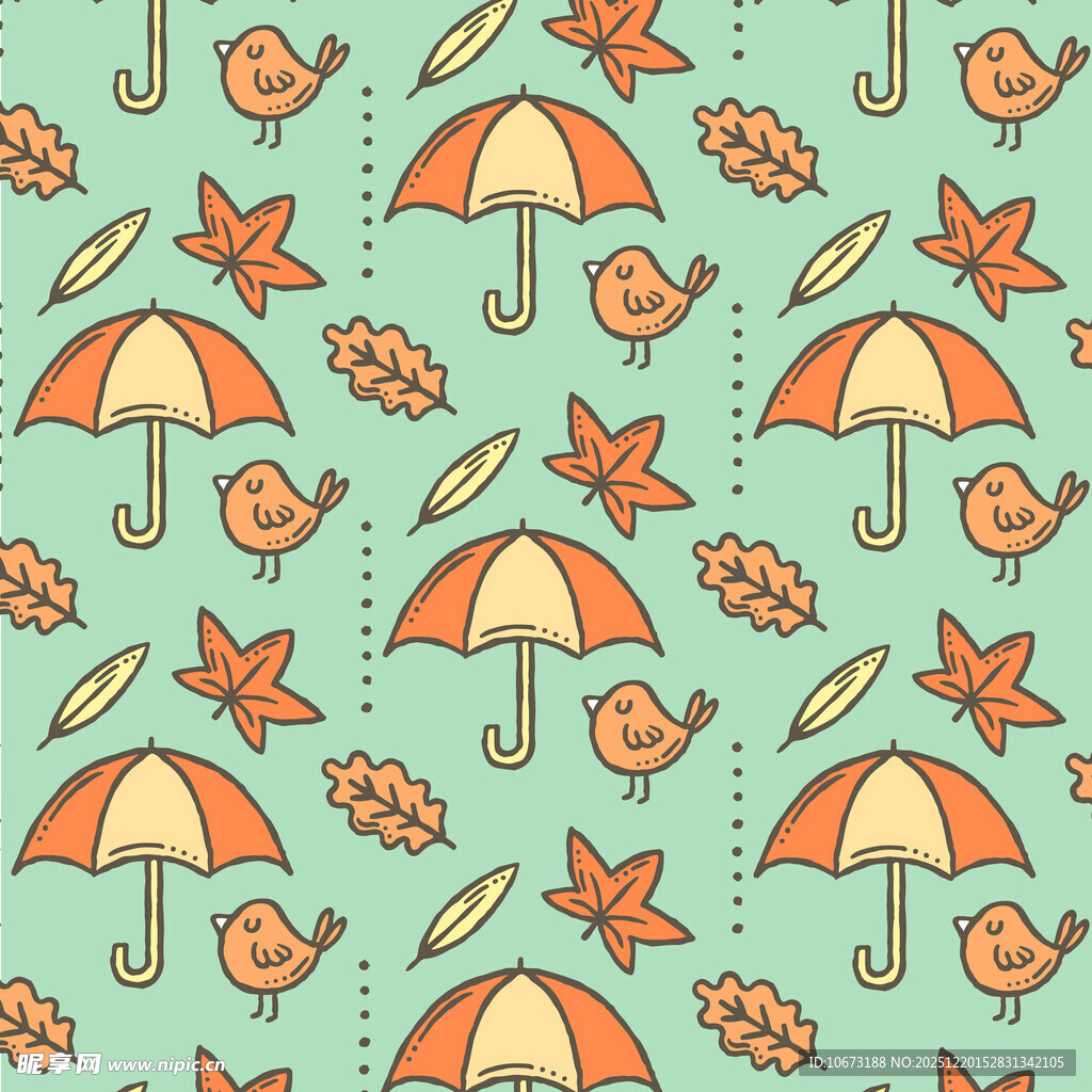 秋季雨伞小鸟树叶图案背景