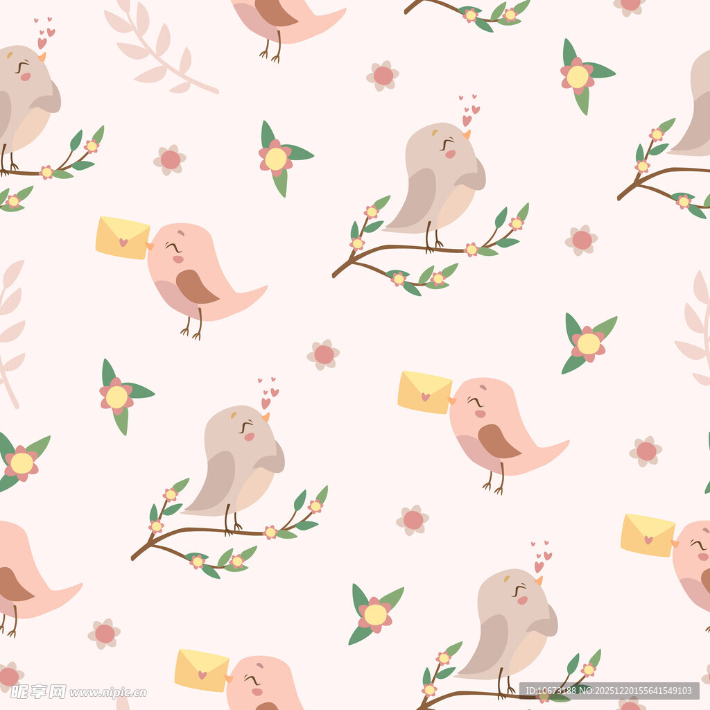 小鸟花卉无缝图案背景