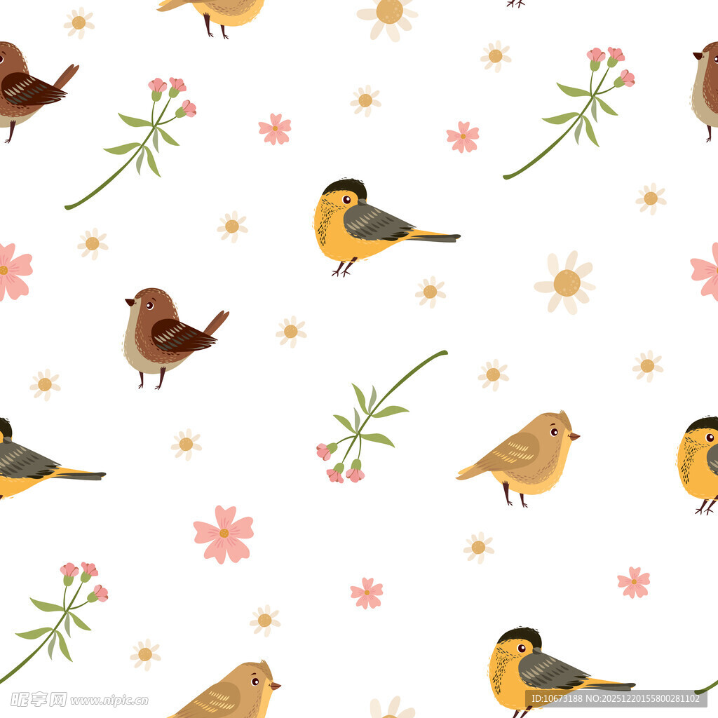 小鸟花卉图案无缝背景图