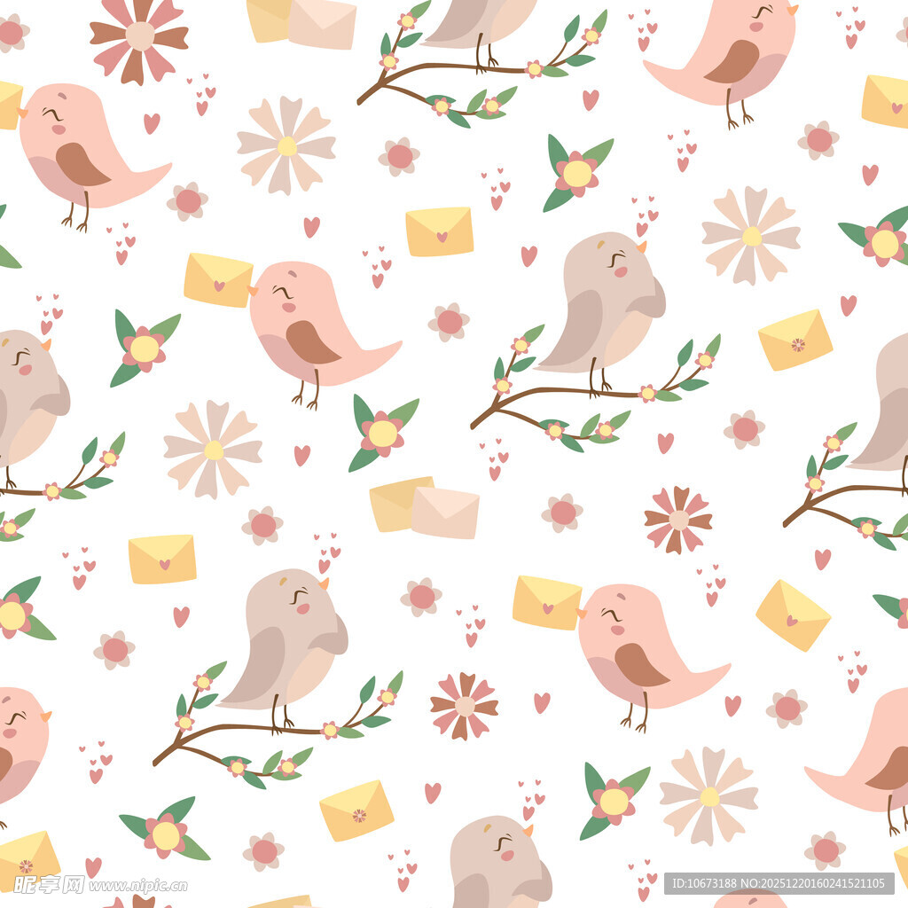 小鸟花卉图案的可爱插画