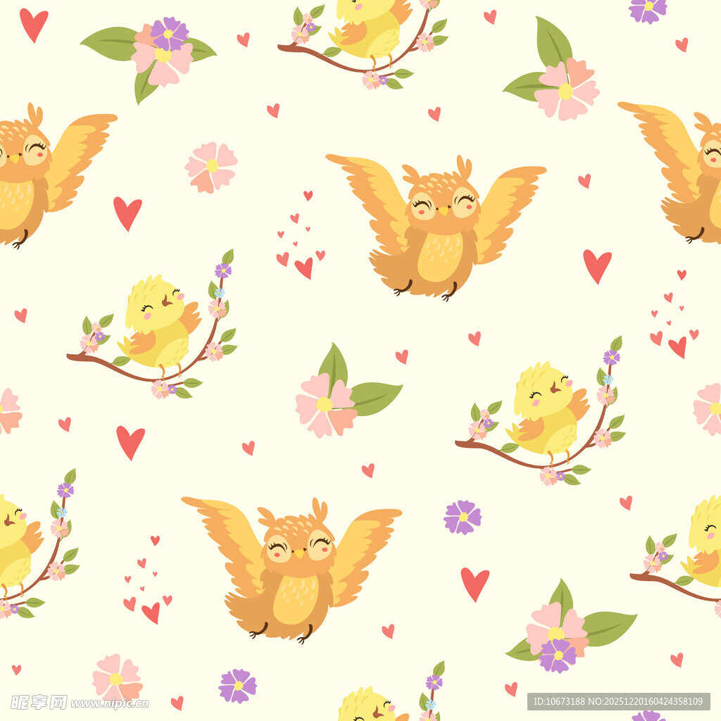 可爱动物花卉无缝图案