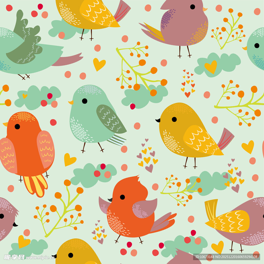 多彩小鸟与花卉图案背景