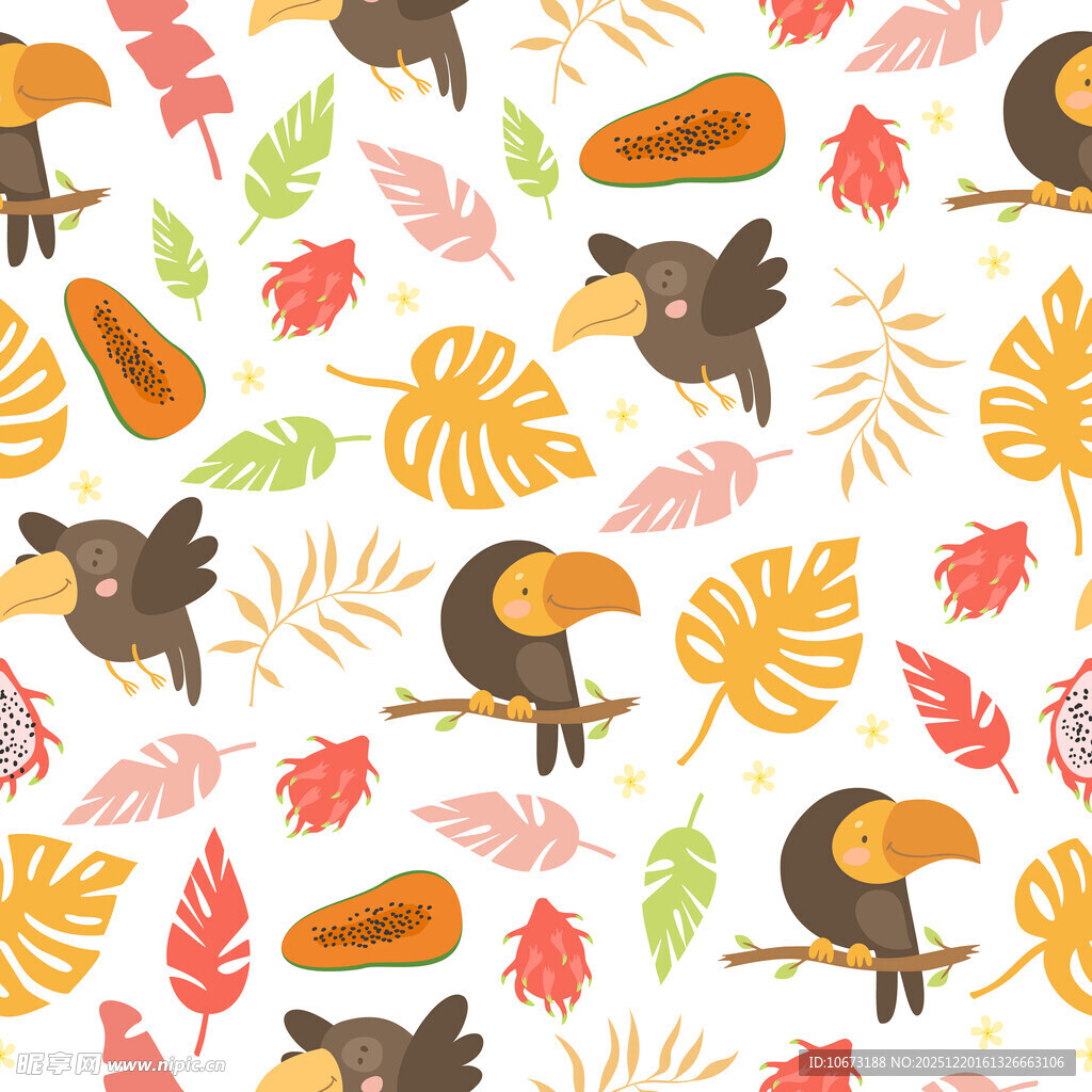 热带动物与树叶图案背景