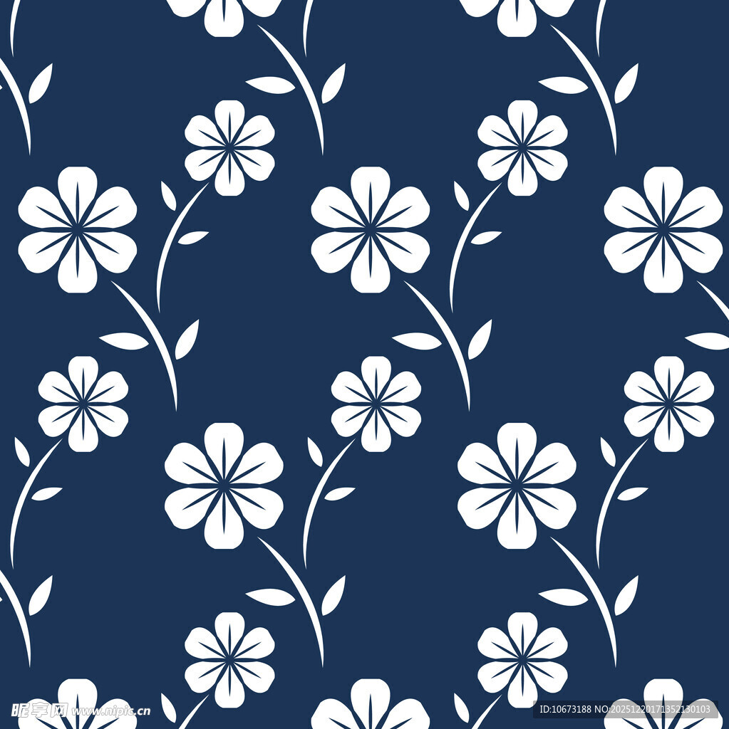 蓝底白花简约花卉图案