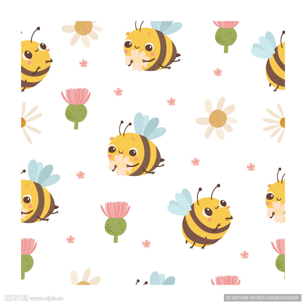 可爱蜜蜂花卉无缝图案