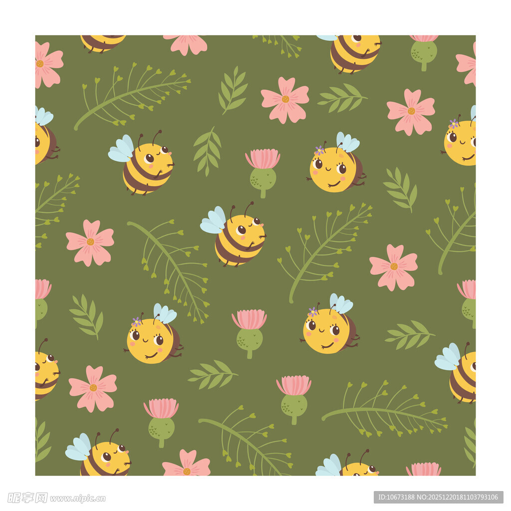 蜜蜂花朵图案的可爱背景
