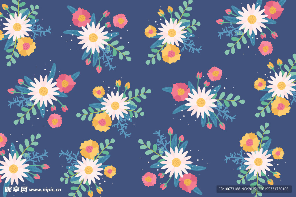 深蓝色底多彩花卉图案
