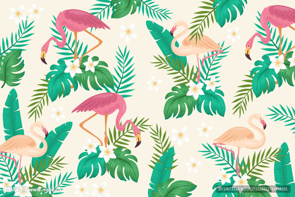 火烈鸟与热带植物图案
