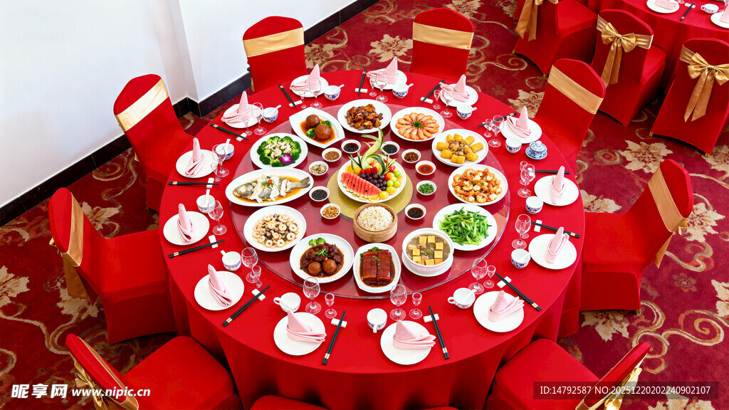 喜庆圆桌摆满丰盛佳肴
