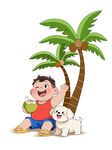 男孩与狗在椰树下欢乐时光