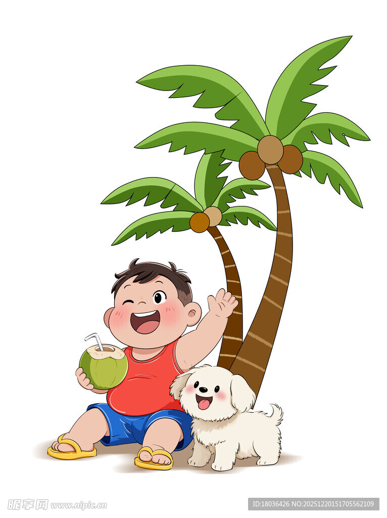 男孩与狗在椰树下欢乐时光