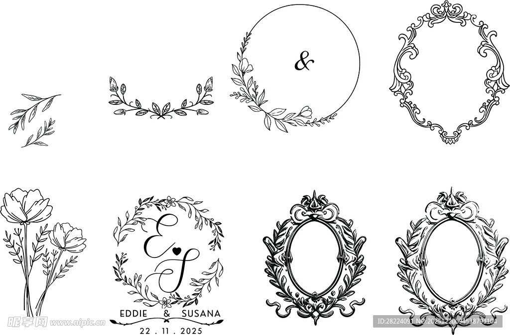 复古花卉边框装饰图案集花纹花环