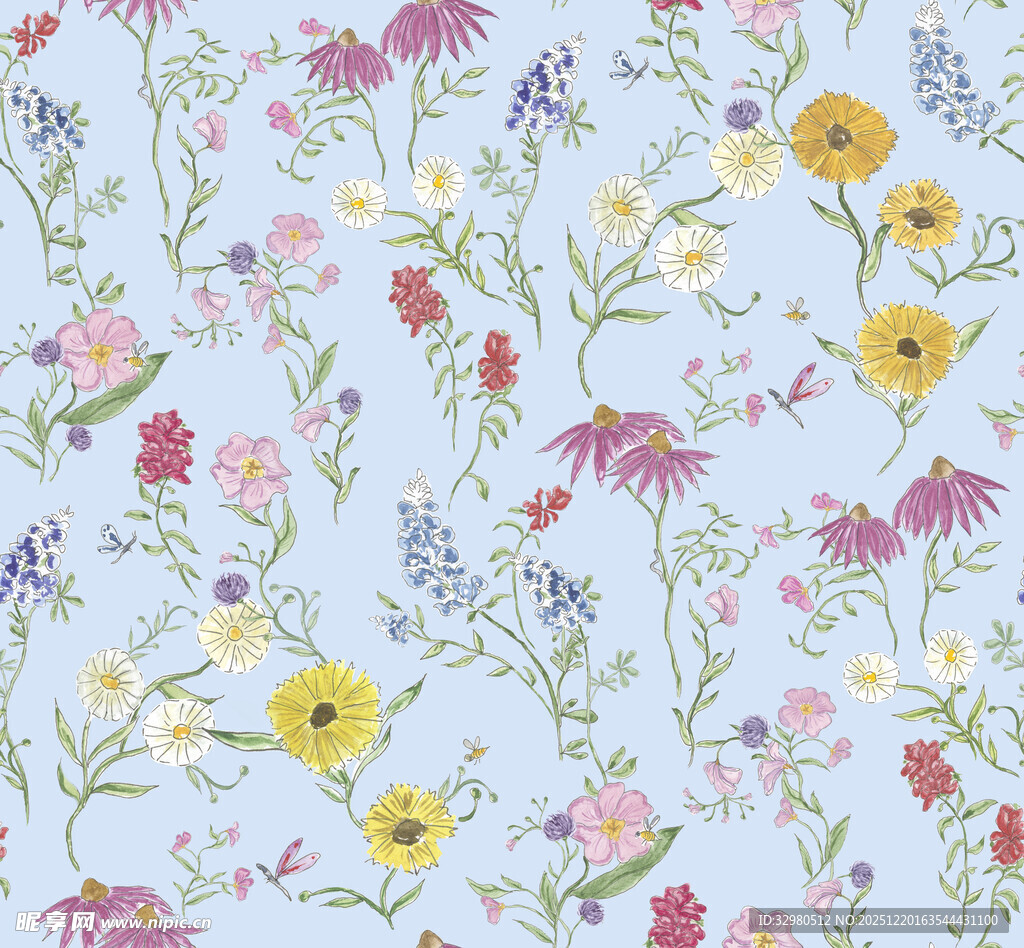浅蓝色底缤纷花卉图案